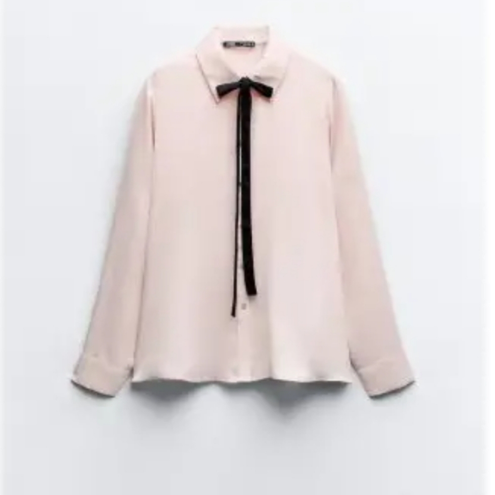 Zara Pink Womens Shirt With Black Tie Detail